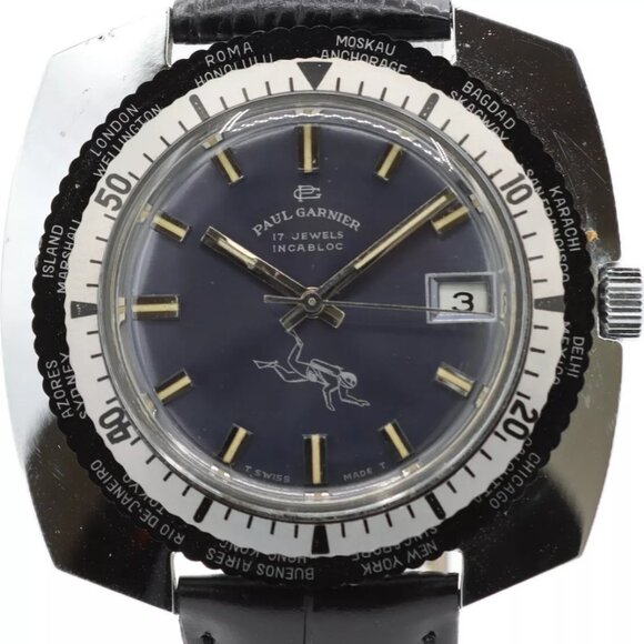 Vintage 45mm Paul Garnier World Time Diver Men\'s Mechanical Wristwatch SwissMade